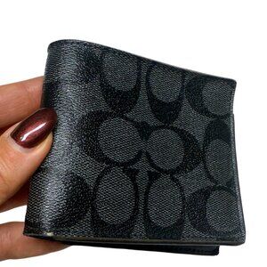 Coach F66551 Men’s Black Signature Leather ID Billfold Wallet – Good Used
